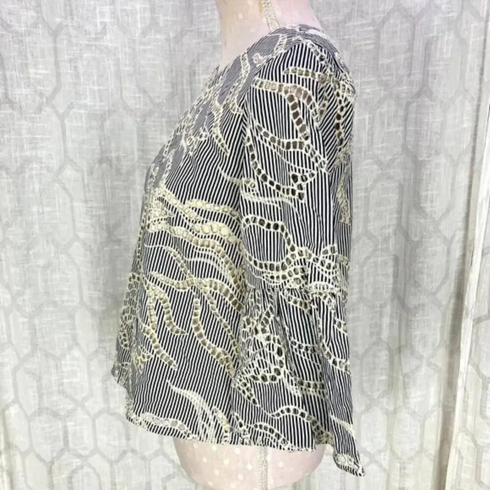 Anthropologie Matison Stone Eyelet Lace Top Size XS Blue Stripe Bell Sleeve‎